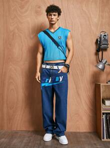ROMWE MEN Prep Men'S Straight Leg Jeans With Star Pattern