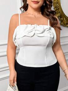 SHEIN Privé Plus Size Camisole Top With Decorative Collar, Adjustable Shoulder Straps And Metal Zipper Closure At Back - Beige - View 5