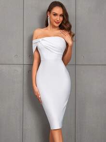 Đầm cocktail ôm sát dài đến đầu gối, cổ bất đối xứng, xẻ tà phía trước, thích hợp cho tiệc Valentine, dự đám cưới. - trắng - Xem 5