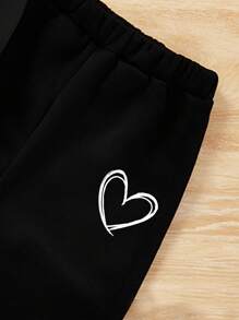 Tween Girls' Heart Print Casual Long Sleeve Sweatshirt And Sweatpants 2pcs/Set, Suitable For Autumn And Winter - Black - View 5