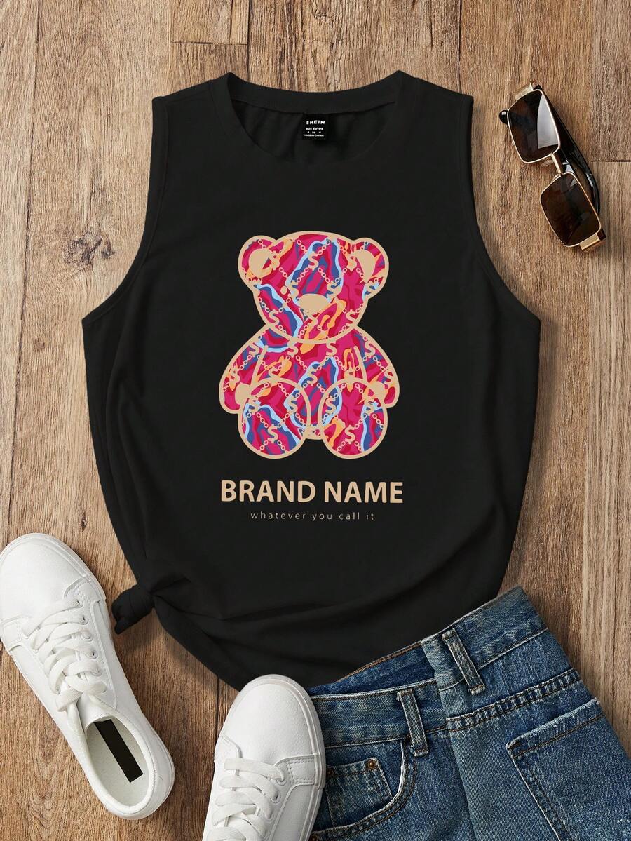 SHEIN EZwear 女士圓領背心上衣，印有字母和熊圖案 - 黑色 - 查看 1