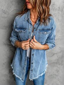 女式大碼鬆身牛仔外套,休閒長版男友風老花牛仔外套 - 藍色 - 查看 3
