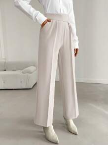 SHEIN Cottnline High Waist Seam Front Straight Leg Suit Pants - Beige - View 3