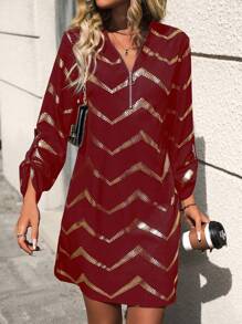 SHEIN Unity V-Neck Zipper & Foil Printed Herringbone Pattern Long Sleeve Dress - Burgundy - View 3