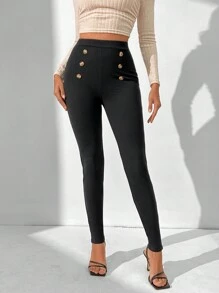 SHEIN Tall 女雙排扣裝飾長褲 - 黑色 - 查看 3