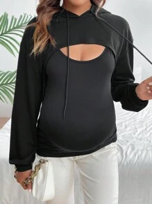 SHEIN Maternity Short Hoodie And Vest Set With Drawstring - Black - View 5