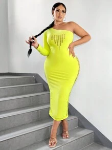SHEIN SXY Plus Size Women's Spring Summer Off The Shoulder Seamless Hollow Out Bodycon Dress - Green - View 5