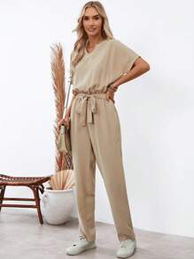 SHEIN LUNE Của phụ nữ Chải Cổ chữ V Batwing Ngắn tay Áo liền quần - Màu be - Xem 4