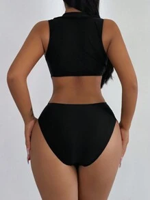 SHEIN Swim Women's One-Piece Swimsuit Carnival, For Summer Beach Vacation - Black - View 2