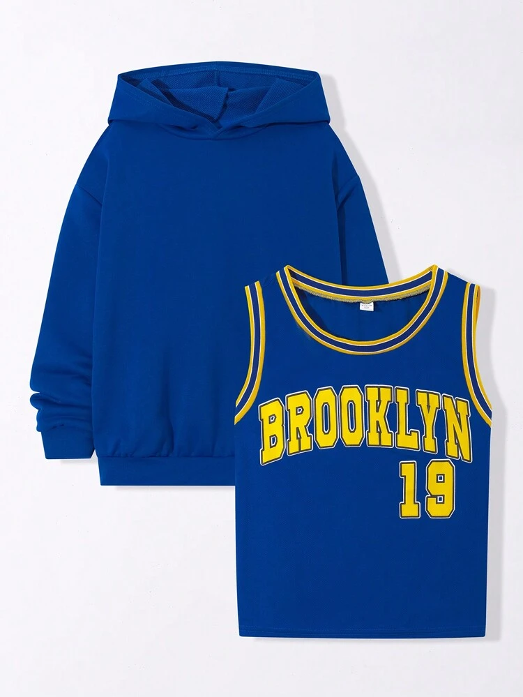 Tween Boys' Loose Fit Hooded Sweatshirt & Knitted Vest Combo With Letter Printed Colorblock Design, For Casual Wear