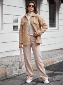 SHEIN Cottnline Flap Pocket Drop Shoulder Teddy Coat - Khaki - View 4