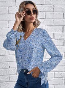 EURMUSE 斑點印花打結袖口襯衫 - 藍白色 - 查看 3