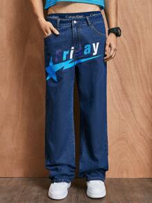ROMWE MEN Prep Men'S Straight Leg Jeans With Star Pattern