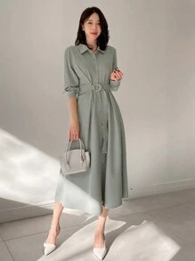 DAZY Vestido Camisa Longo com Cintura Marcada, Roupas de Outono - Verde - Visão 4
