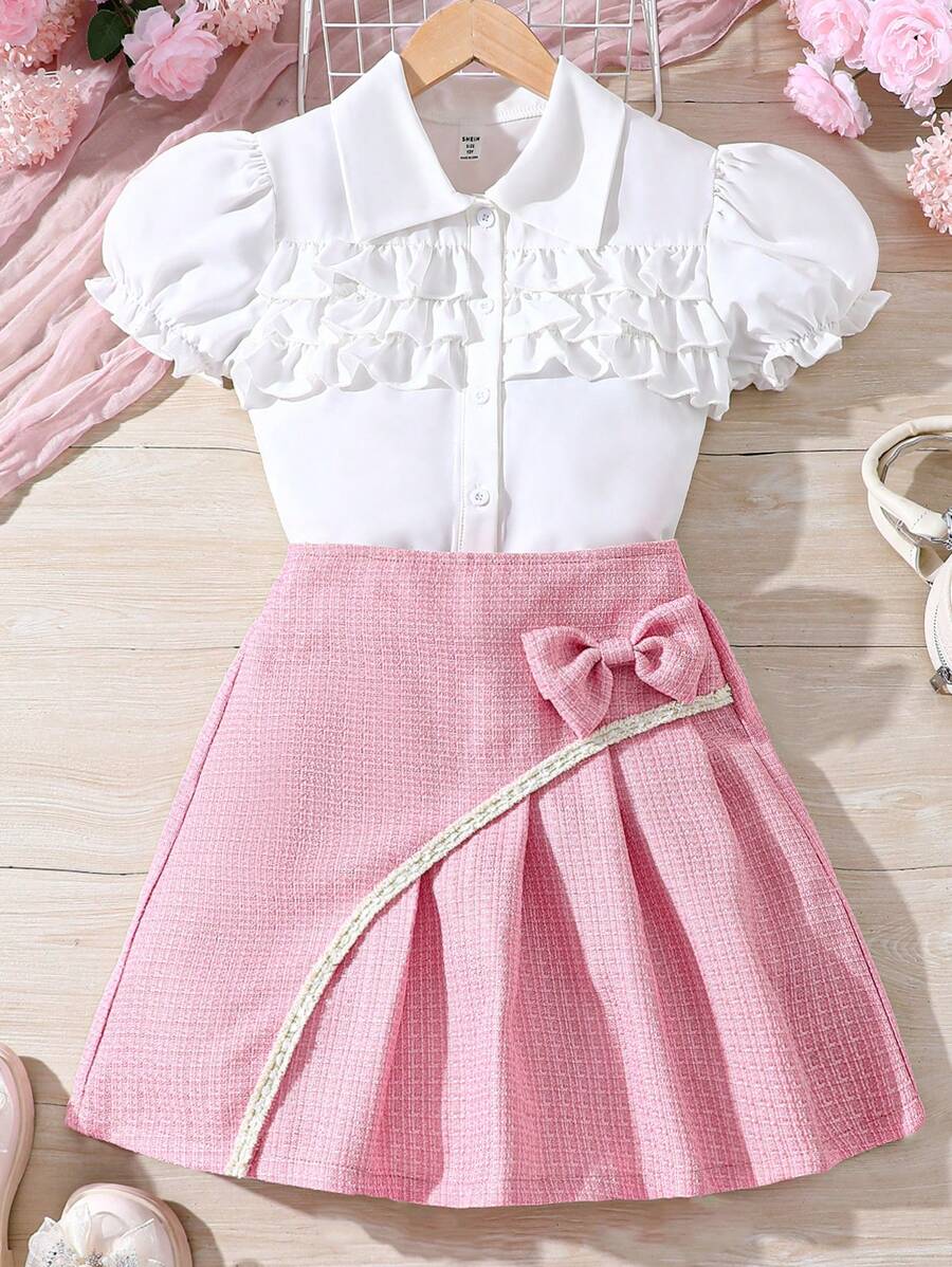 SHEIN Conjunto De Blusa De Multicapa Con Ribete De Volantes Y Falda Decorada Con Lazo Para Niñas Preadolescentes - Rosa - Ver 1