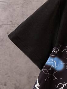 SHEIN 青少年男孩街頭時尚印花拼接t恤和短褲套裝 - 黑色 - 查看 4