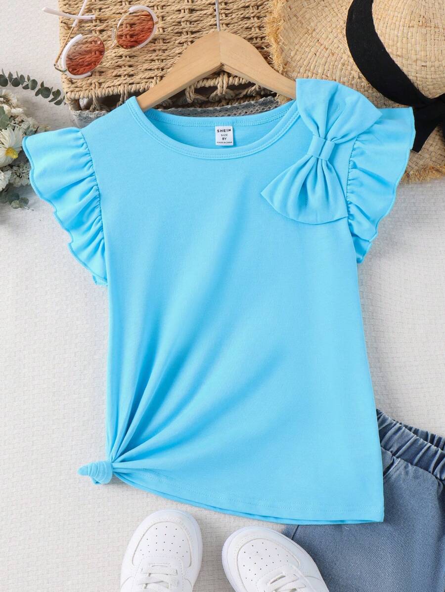 Camiseta azul de manga corta con decoración de lazo, perfecta para vestimentas casuales de verano para niñas preadolescentes - Celeste - Ver 1