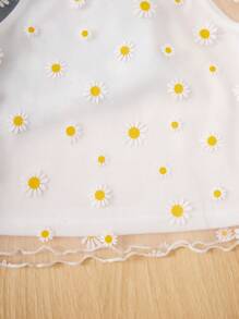 4pcs/Set Tween Girls' Round Neck Flower Pattern Mesh T-Shirt With Inner Camisole Tank Top