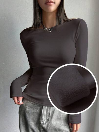 DAZY 纯色修身保暖长袖T恤女式上衣，保暖内衬