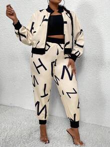 Maweii 大尺碼字母印花拉鍊夾克和長褲套裝 - 米色 - 查看 6