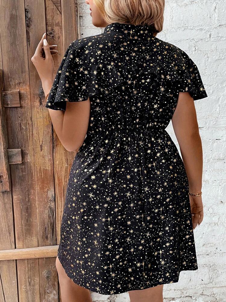 Plus Size Star Printed Ruffle Hem Stand Collar Dress