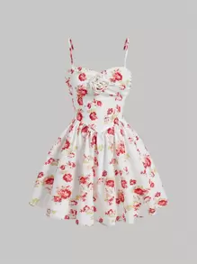 SHEIN MOD 女性3d花卉印花細肩帶裙,帶有花朵細節 - 紅白色 - 查看 1