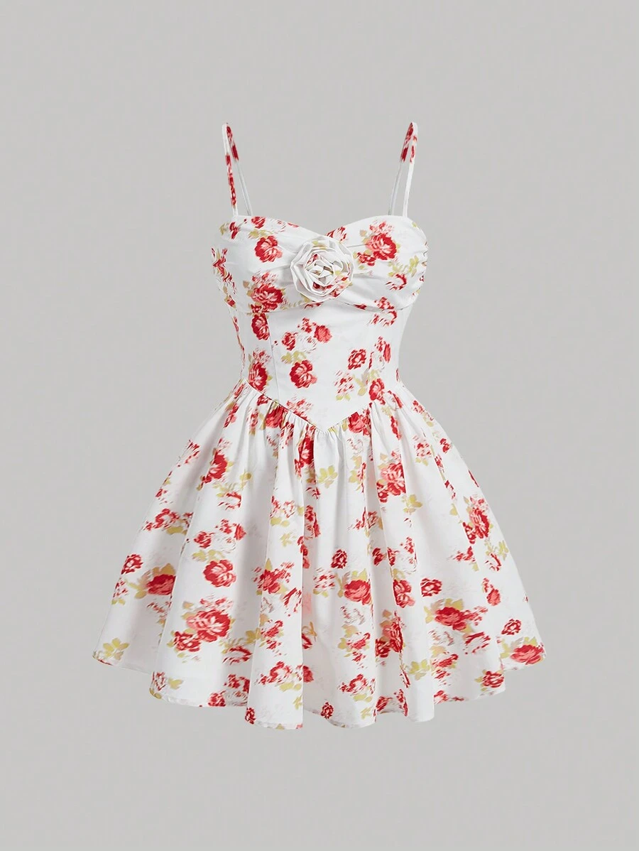 SHEIN MOD 女性3d花卉印花細肩帶裙,帶有花朵細節 - 紅白色 - 查看 1