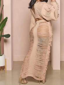 Drop Shoulder Ripped Knot Hem Sweater & Fringe Trim Knit Skirt - Khaki - View 2