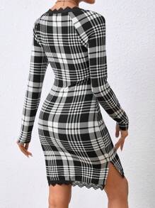 SHEIN Privé Vestido De Cuerpo Entallado De Encaje Y Cuadros Para Mujeres - Blanco y Negro - Ver 2