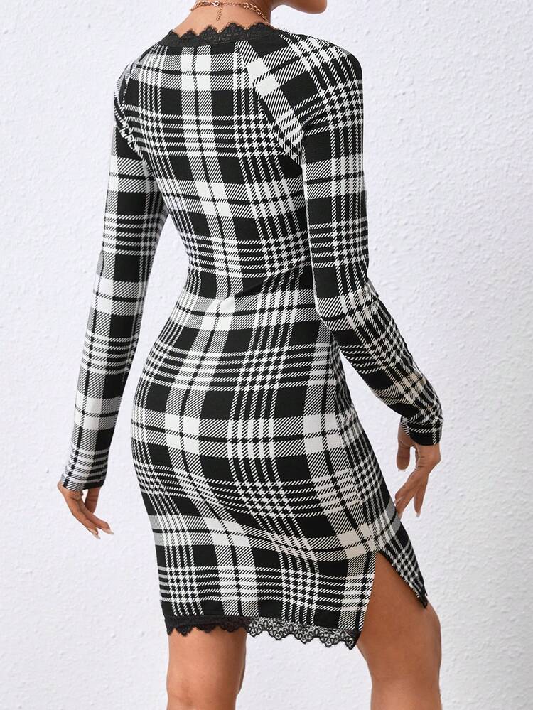 Women's Plaid Lace Patchwork Bodycon Dress