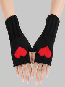 ROMWE Kawaii 1pair Ladies' Red & Black Heart Cutout Fingerless Gloves, Suitable For All Seasons And Valentine'S Day - Multicolor - View 3