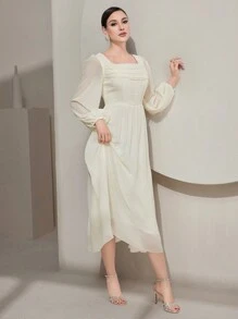 Modelyn Women'S Solid Color Lantern Sleeve Square Neck Dress Long Evening Dresses Fall Cloth For Women - Apricot - View 4