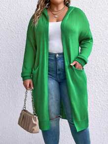 SHEIN CURVE+ Plus Size Women's Hooded Cardigan With Double Pockets - Green - View 5