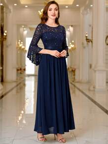 MIUSOL Sequin Floral Lace Flare Sleeve Contrast Chiffon Ruched Hem Formal Party Maxi Dress, Elegant Party, For Wedding Guest, Graduation, Dinner Evening Dress