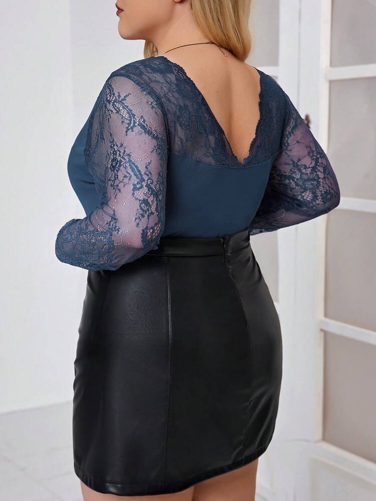 Plus Size V-Neck See-Through Lace Long Sleeve Bodysuit