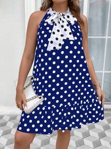 Celure In vết tròn Polka Kích thước lớn Váy có thắt lưng Với Vòng cổ Và Cà vạt - Màu xanh lam - Xem 5