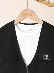 3 件/套 男生寬鬆休閒梭織實用背心、t 恤和短褲套裝 - 黑色 - 查看 13