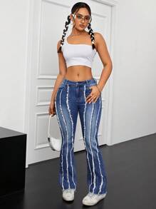 SHEIN ICON Women's Frayed Flared Denim Pants - Blue - View 5