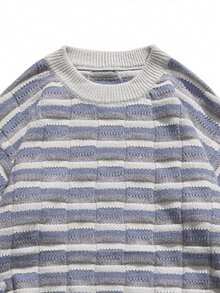 男款寬鬆圓領休閒通勤毛衣,秋冬季,情侶風格 - 藍色 - 查看 3