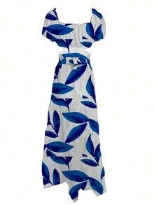 Women's Long Floral Print Off-Shoulder High Waist Elegant Club Dress, Summer - Blue - View 4