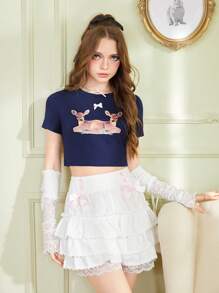 ROMWE Kawaii 女鹿印花短袖 T 卹 - 寶藍色 - 查看 5