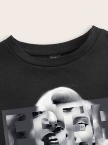 SHEIN EZwear 休闲字母与图案印花圆领短袖修身女式 T 恤，棉混纺，夏季 - 黑色 - 查看 8