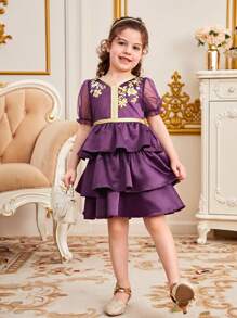 SHEIN Nhỏ bé Cô gái Thêu hoa Nhiều lớp Ngắn Ống tay áo Đầm Với Ruffled Hem - Màu tím - Xem 4