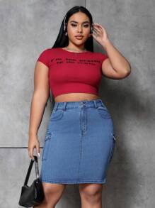 SHEIN ICON Kích thước lớn Màu thuần Trang phục làm việc Váy Denim - Rửa trung bình - Xem 3