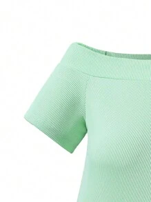 Teen Girl Solid Rib-Knit Cold Shoulder Top And Gold Dot Layered Skirt Two-Piece Set For Spring And Summer - Mint Green - View 4