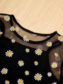 4pcs/Set Tween Girls' Round Neck Flower Pattern Mesh T-Shirt With Inner Camisole Tank Top