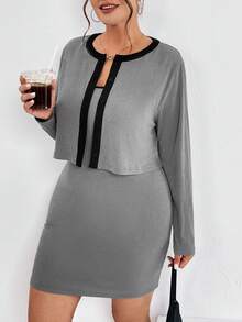 SHEIN Essnce Plus Size Spring Clothing New Casual Patchwork Contrasting Suspender Dress And Long-Sleeved Cardigan Women's Two-Piece Set - Grey - View 6