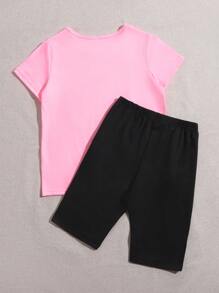 SHEIN Tween 女孩字母印花短袖 T 恤和短褲 2 件/套 - 粉色 - 查看 2