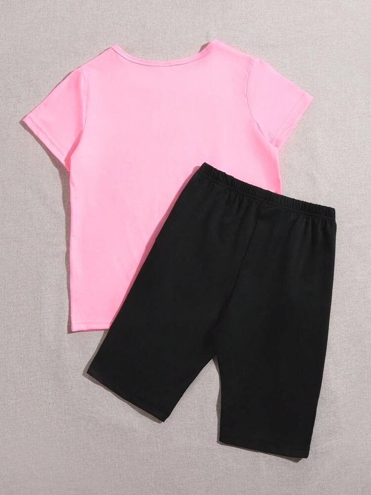Tween Girls' Letter Printed Short Sleeve T-Shirt And Shorts 2pcs/Set