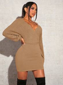SHEIN SXY 深v領燈籠袖毛衣連衣裙 - 卡其色 - 查看 1